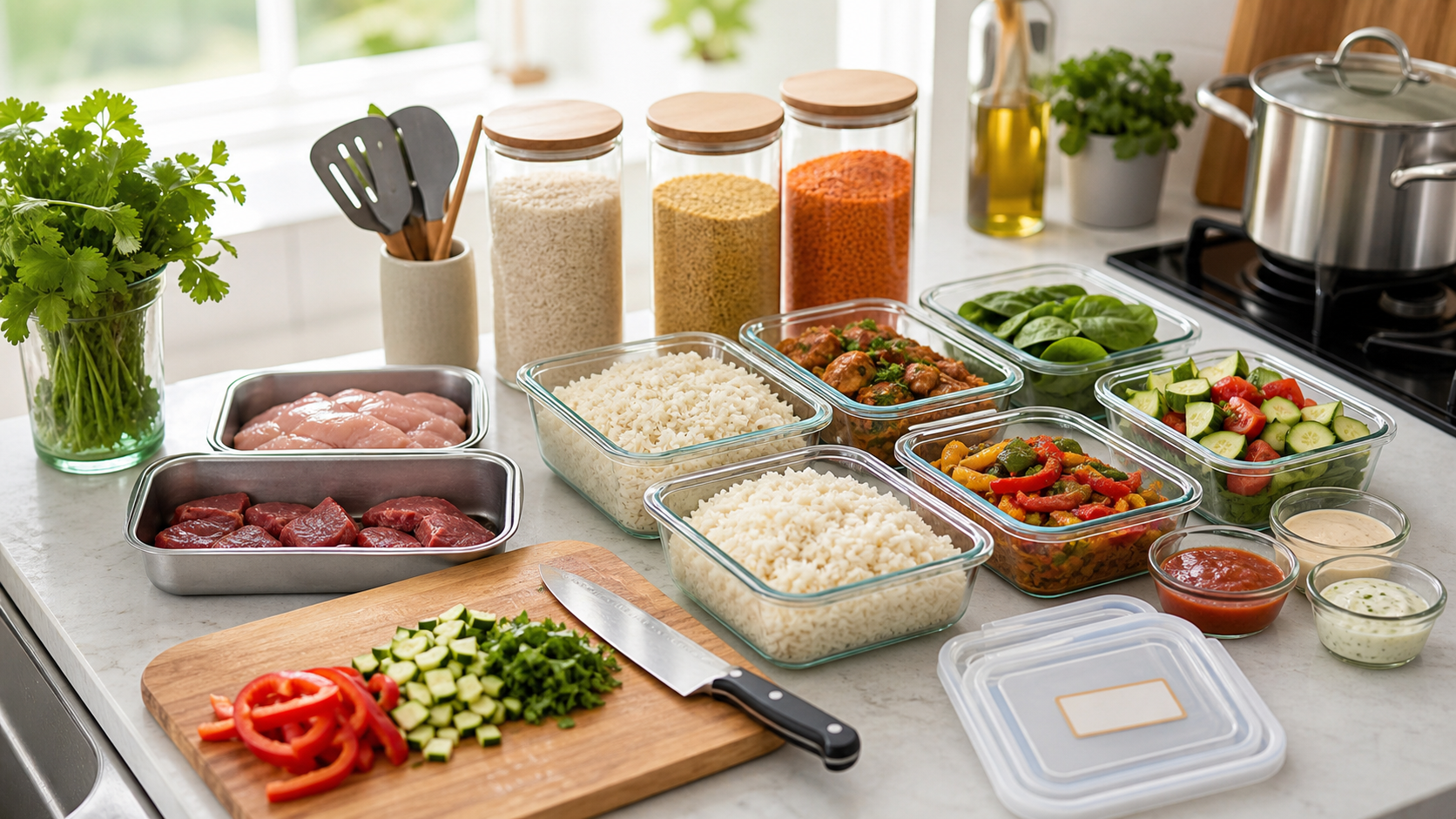 Clean halal meal prep station with separate raw ingredients, cooked rice, vegetables, sauces, and labeled storage containers.