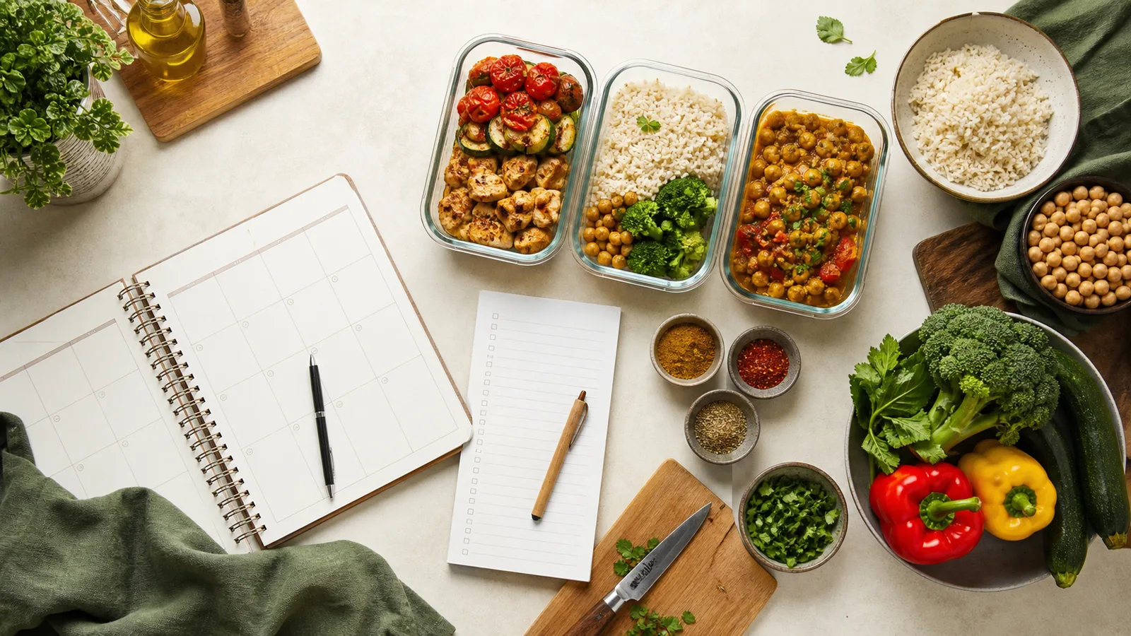 Weekly halal meal-prep planner beside a grocery list, vegetables and glass food containers.
