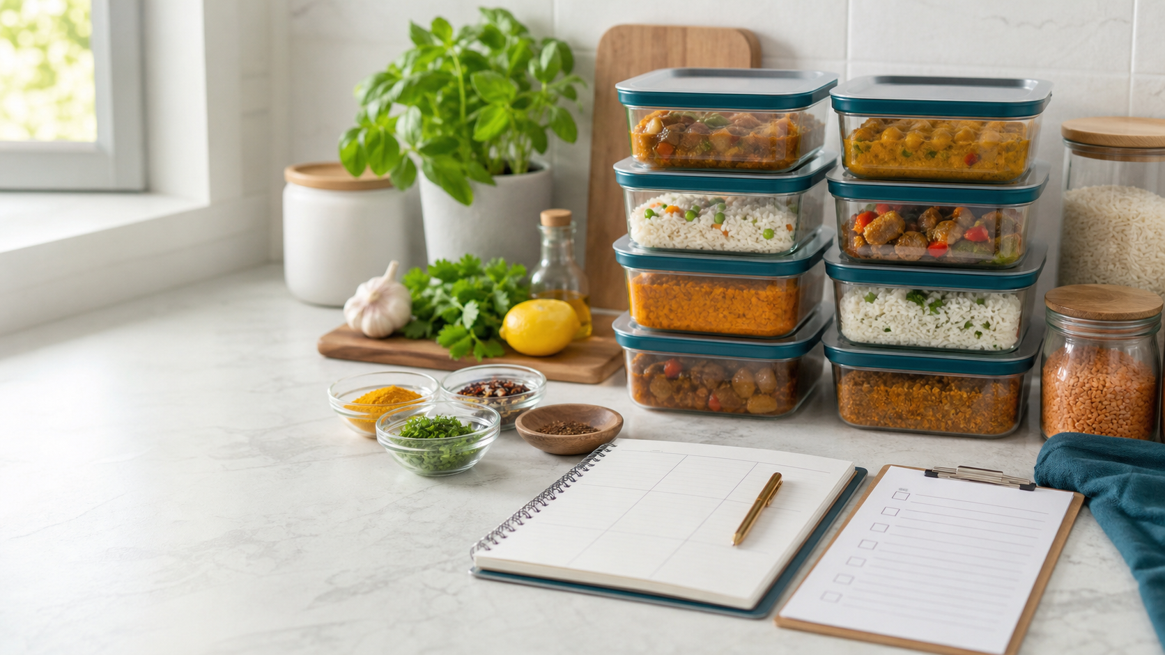 Organized halal weekly meal prep containers, pantry staples, herbs, and a planning notebook on a kitchen counter